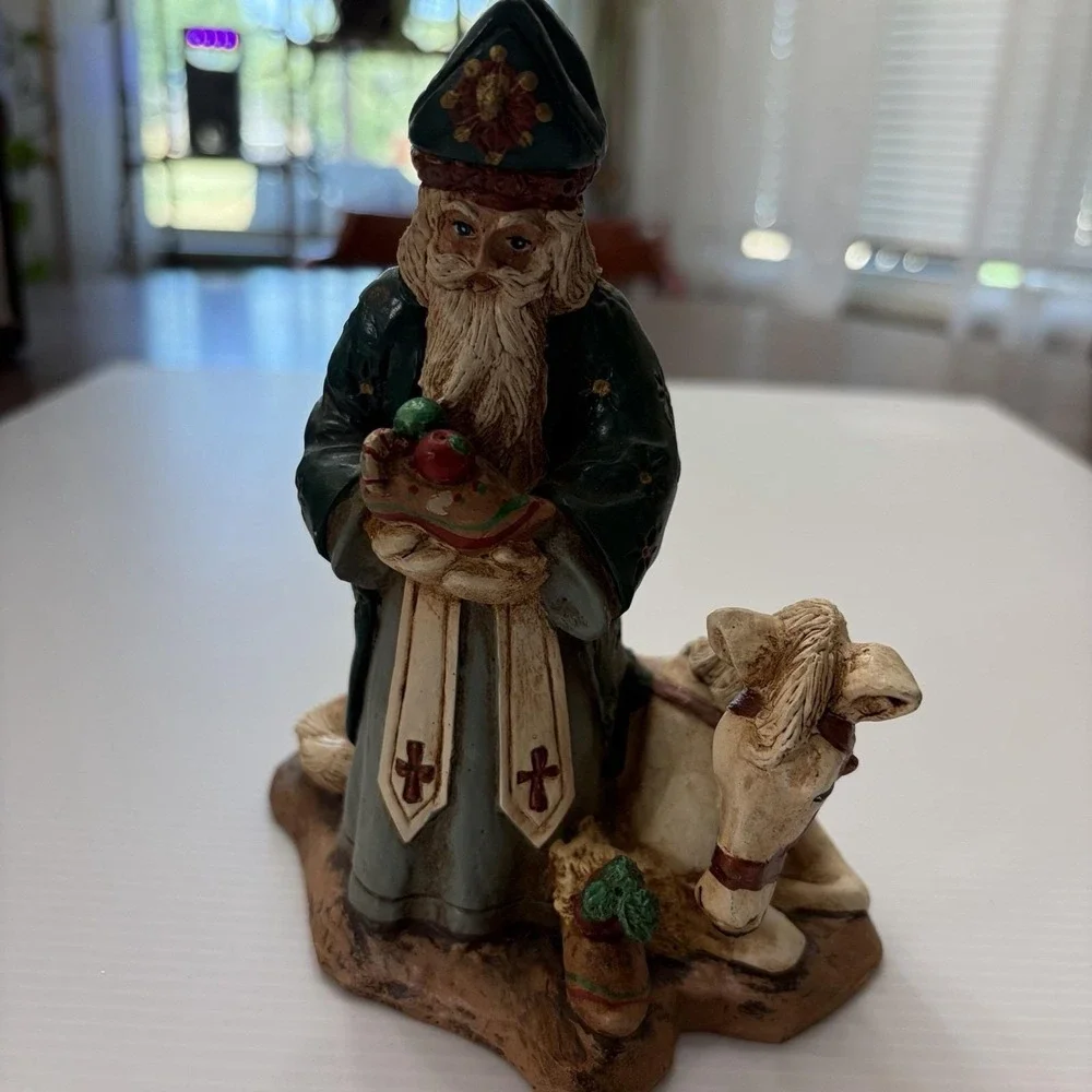 Vintage 1993 Wood World Santa With White Horse Green Robe Saint Nicholas